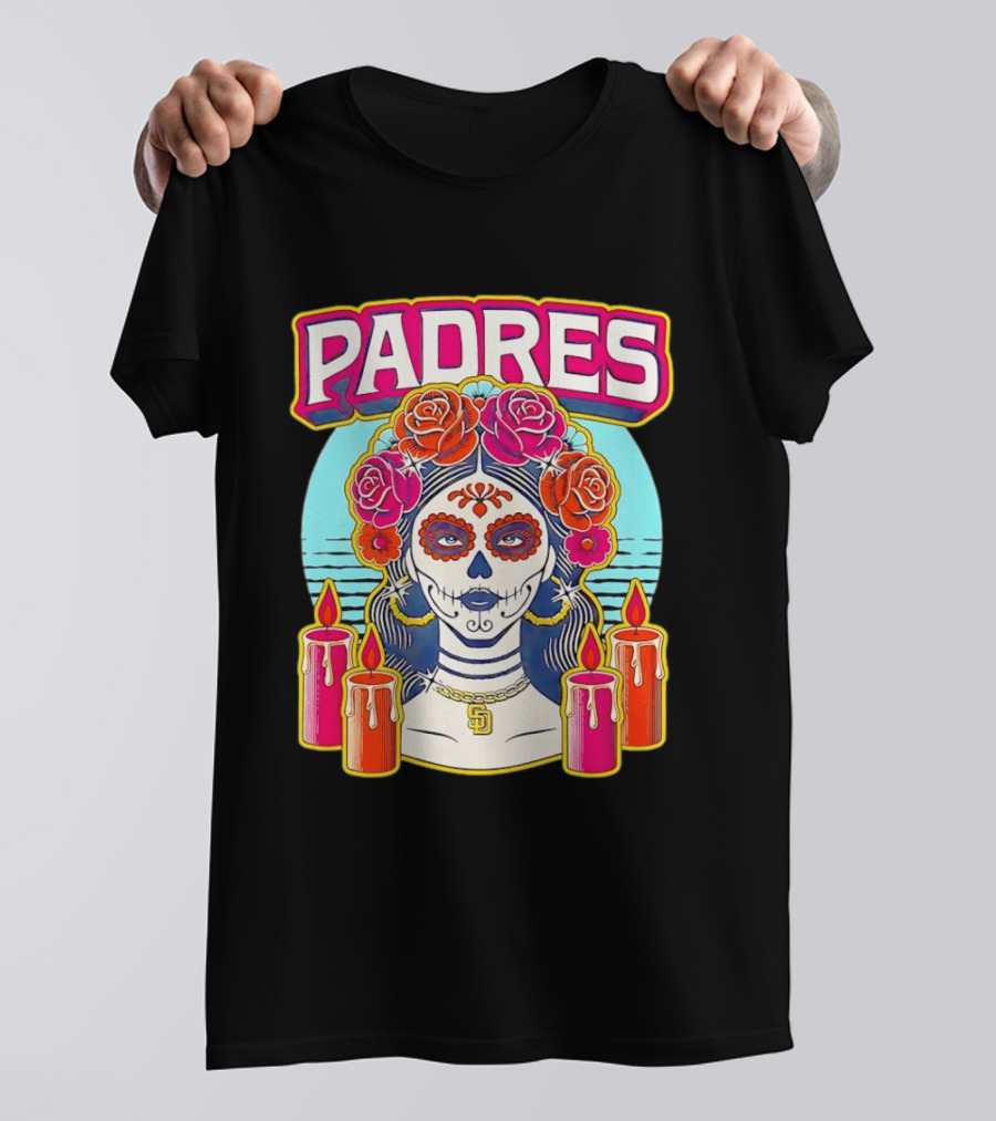 San Diego Padres La Catrina Dia De Los Muertos Candles And Flowers T-Shirt