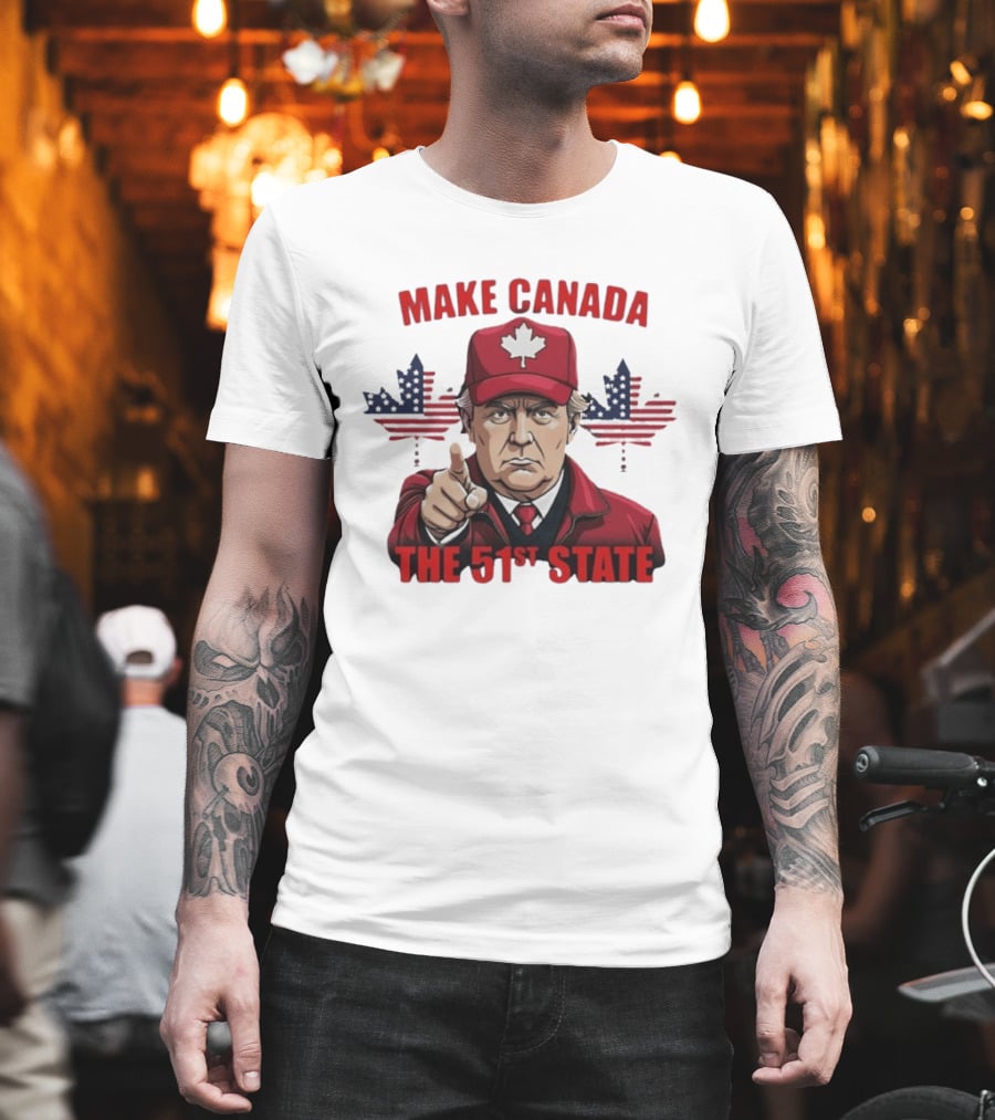 Make Canada The 51st State Trump Red Cap Maple Leaf Stars Stripes T-Shirt