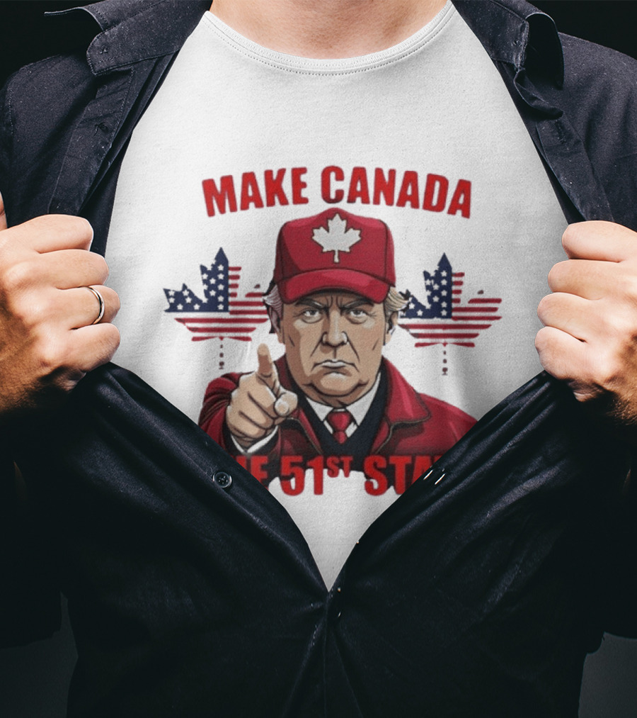 Make Canada The 51st State Trump Red Cap Maple Leaf Stars Stripes T-Shirt
