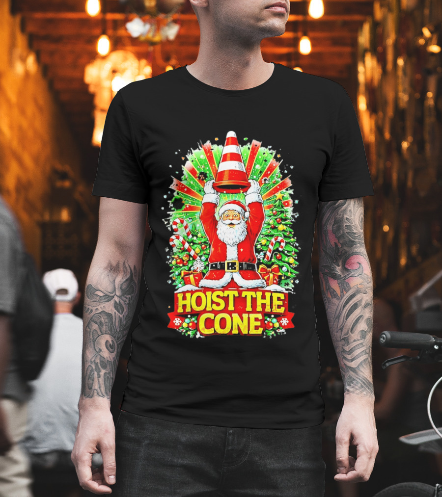 Santa Hoist The Cone Christmas Lights Tree Candy Canes T-Shirt