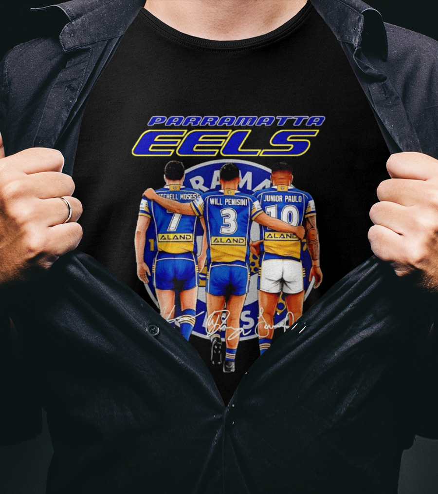 Parramatta Eels Mitchell Moses Will Penisini Junior Paulo Signatures T-Shirt