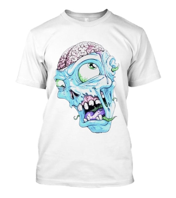 Annoyed Monster Head Zombie Skull Illustration With Exposed Brain And Worms T-Shirt
