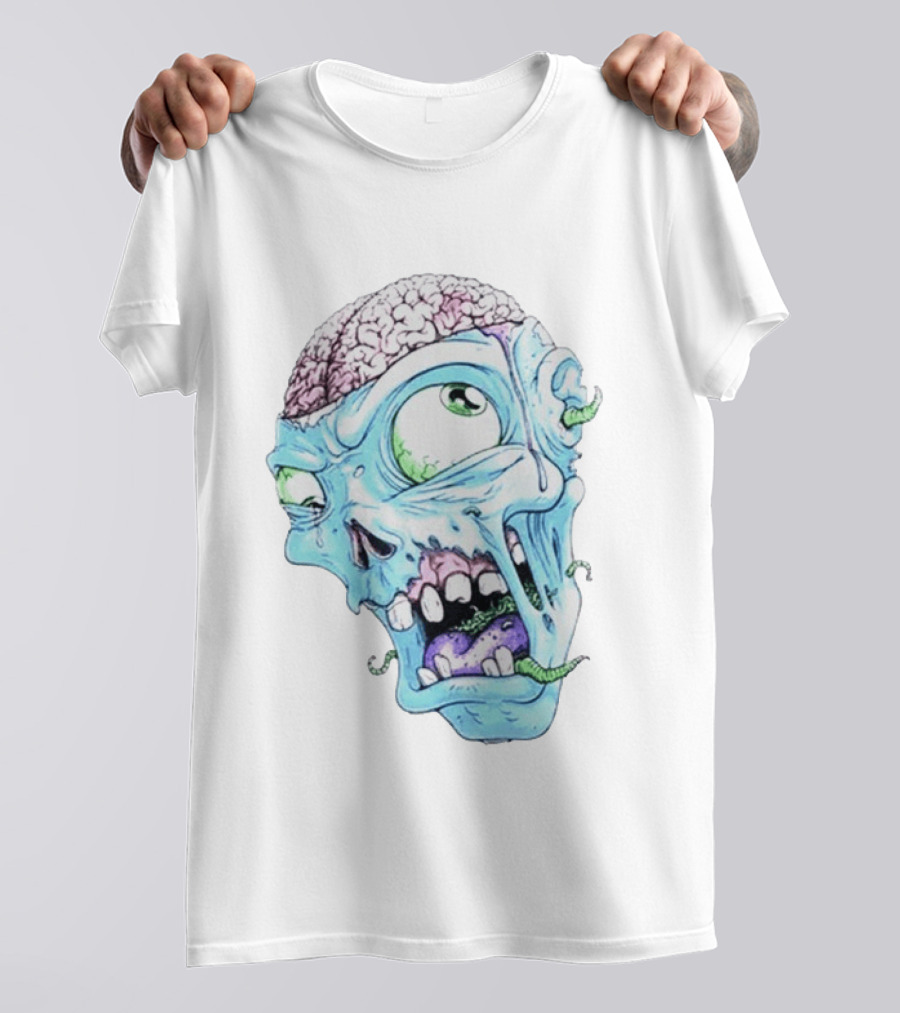 Annoyed Monster Head Zombie Skull Illustration With Exposed Brain And Worms T-Shirt