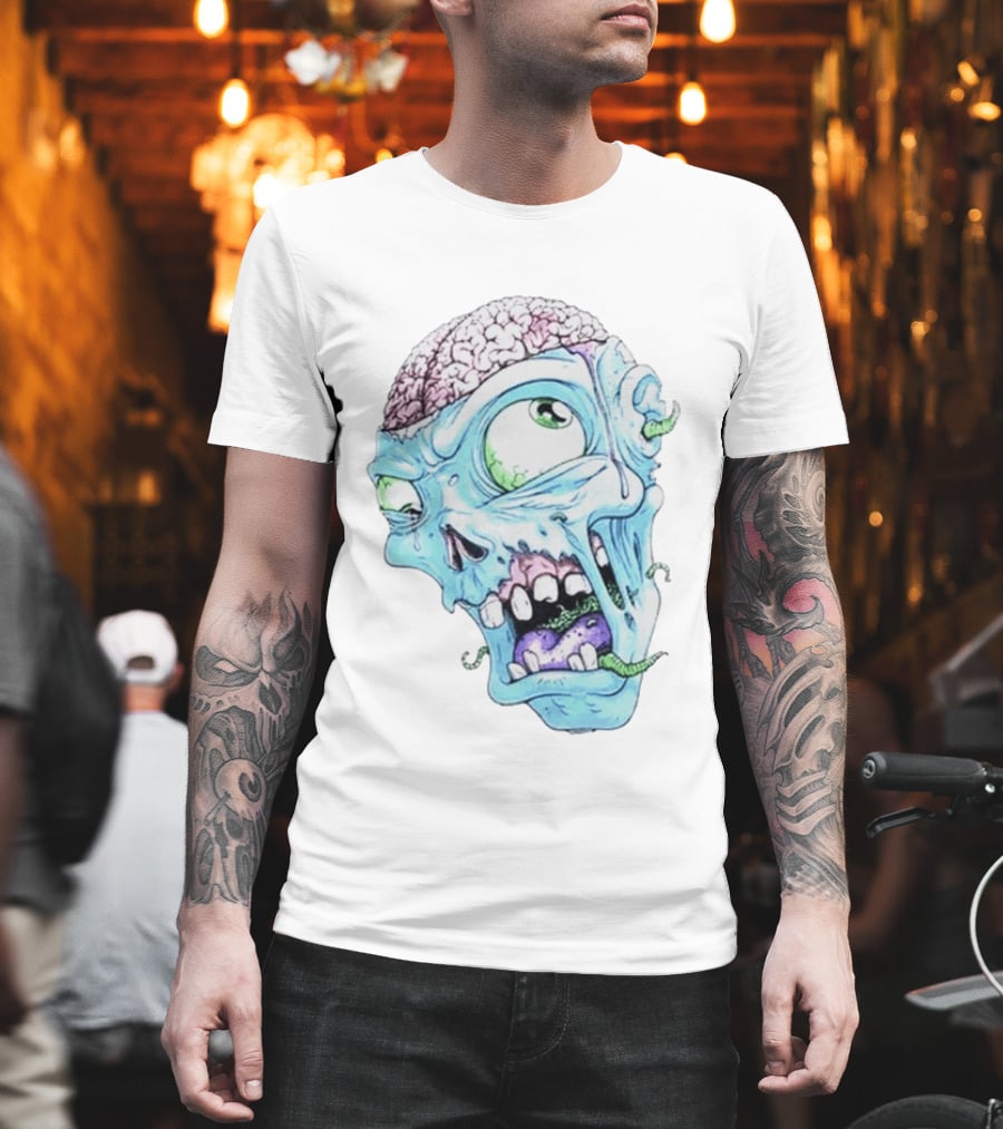 Annoyed Monster Head Zombie Skull Illustration With Exposed Brain And Worms T-Shirt