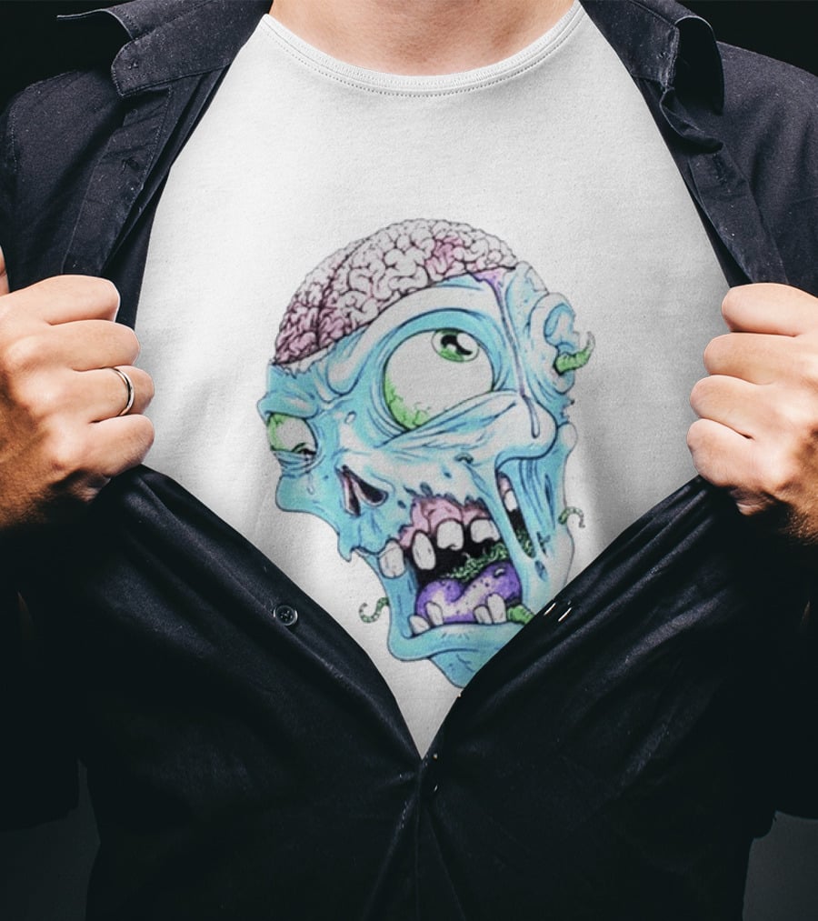 Annoyed Monster Head Zombie Skull Illustration With Exposed Brain And Worms T-Shirt