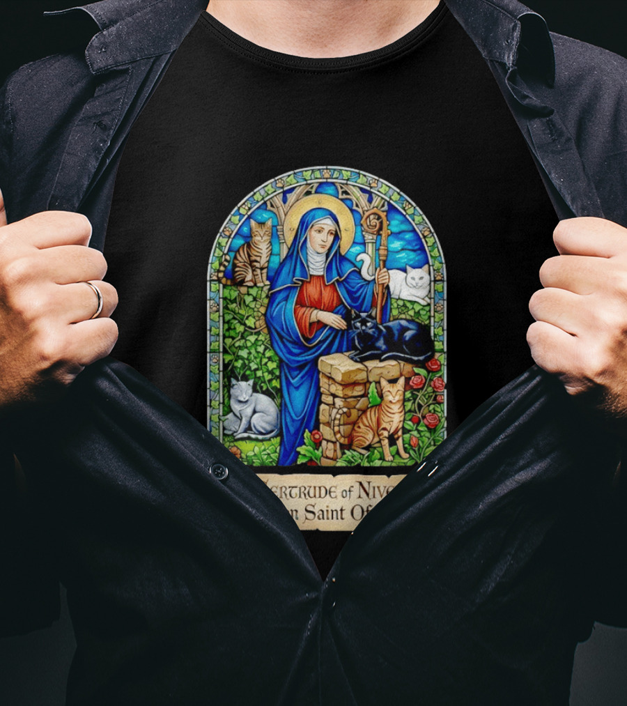 St. Gertrude Of Nivelles Patron Saint Of Cats Iconic Stained Glass Cat T-Shirt