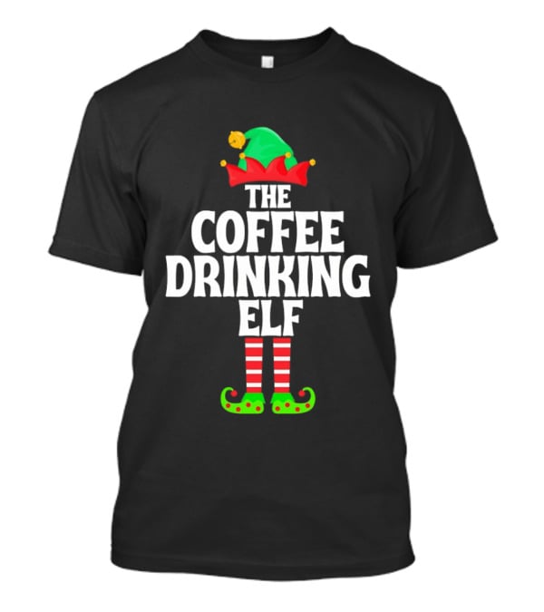 The Coffee Drinking Elf Red Green Jester Hat Striped Socks T-Shirt