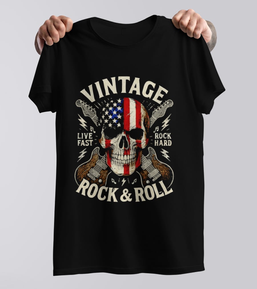 Vintage Skull American Flag Guitar Live Fast Rock Hard Rock & Roll T-Shirt