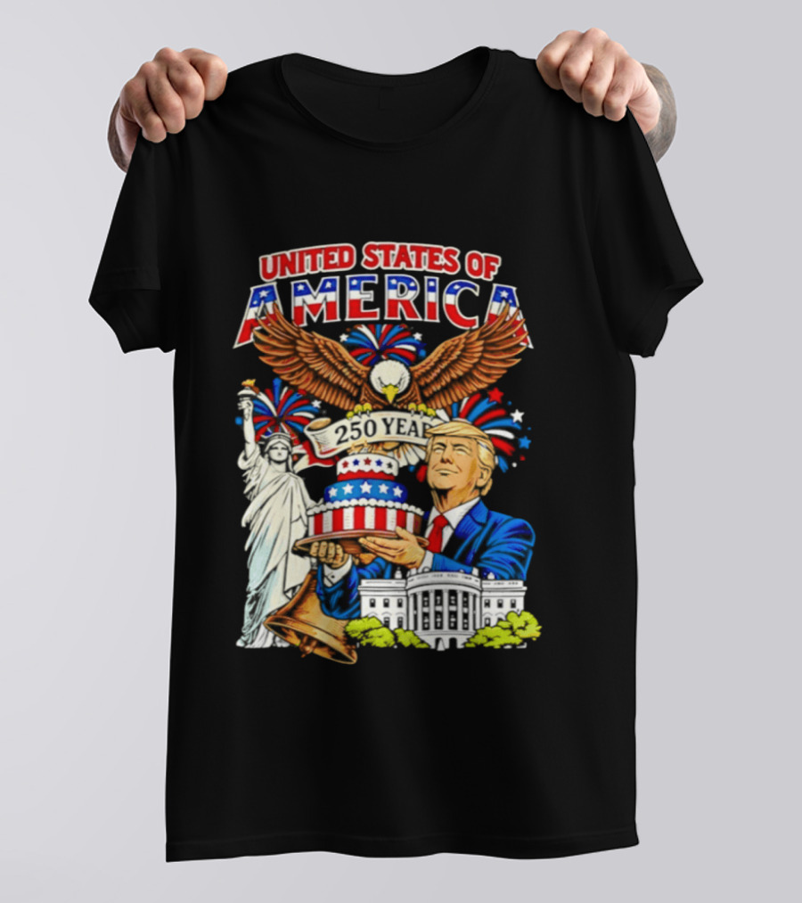 United States Of America 250 Years Celebration 4th Of July Trump With Birthday Cake And Eagle T-Shirt