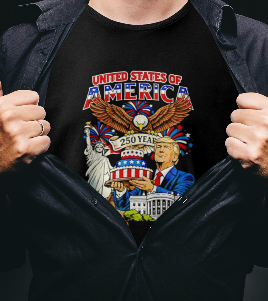United States Of America 250 Years Celebration 4th Of July Trump With Birthday Cake And Eagle T-Shirt