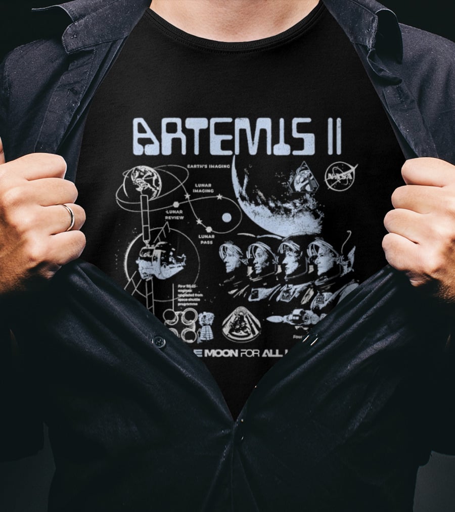 Artemis II Lunar Mission Trajectory And Astronaut Crew Exploration Around The Moon For All Humanity T-Shirt