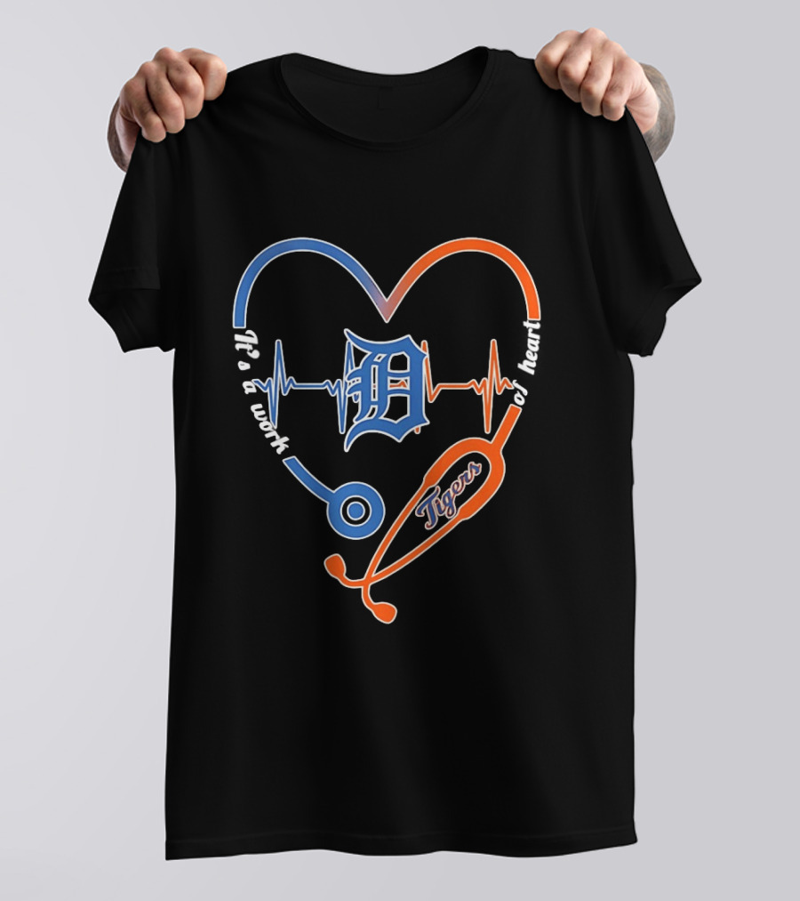 Detroit Tigers Heartbeat Stethoscope Work Of Heart T-Shirt