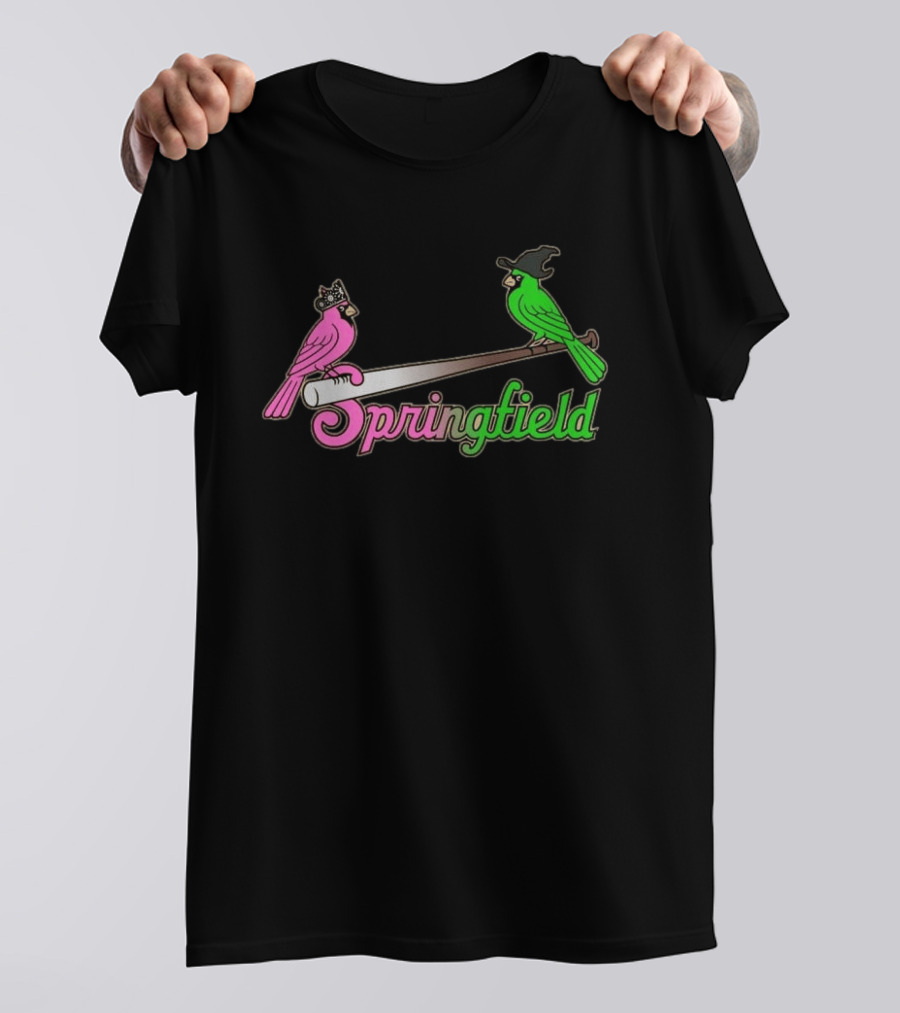 Springfield Cardinals Pink And Green Birds With Crown And Witch Hat Baseball Bat T-Shirt