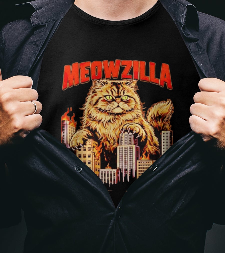 Meowzilla Giant Cat Rampage Over Burning City Skyline T-Shirt