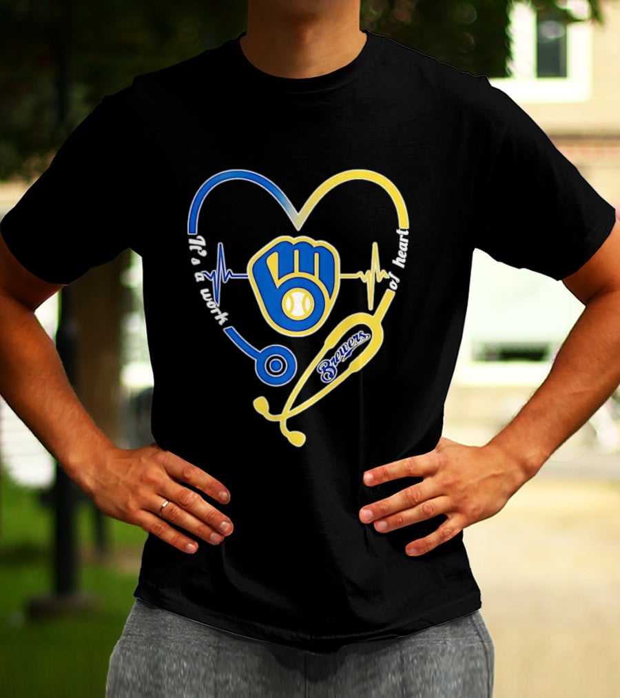 Milwaukee Brewers Baseball Heartbeat Stethoscope It's A Work Of Heart T-Shirt