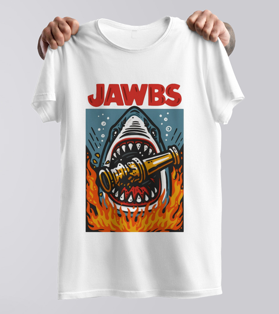 JAWS Jawbs Shark Biting Fire Hose Surrounded By Flames T-Shirt