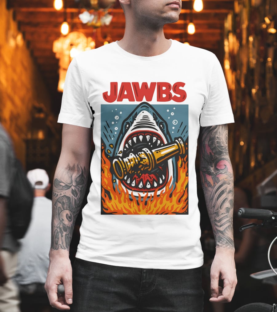 JAWS Jawbs Shark Biting Fire Hose Surrounded By Flames T-Shirt
