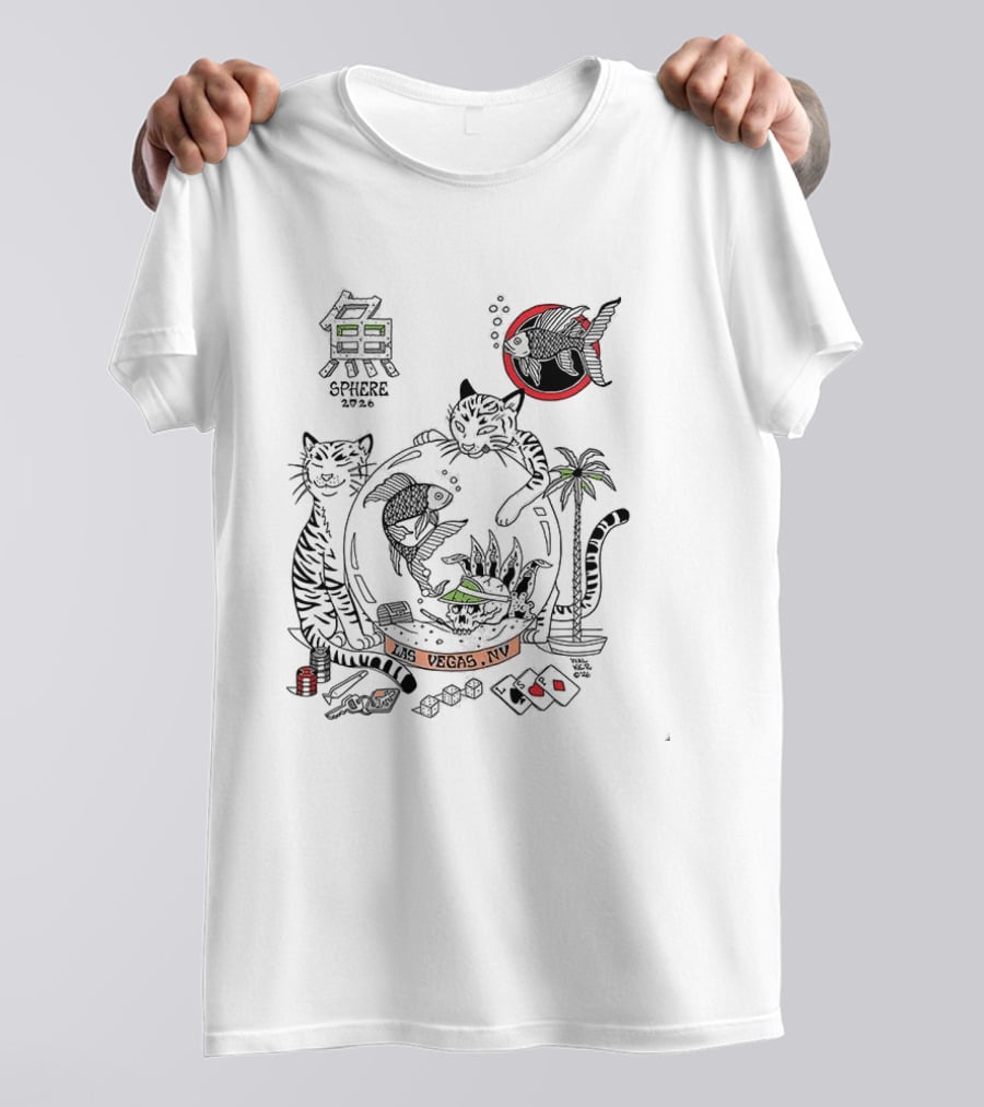 Sphere 2026 Vegas Cats And Aquatic Scene With Fish, Palm Trees, And Dice T-Shirt