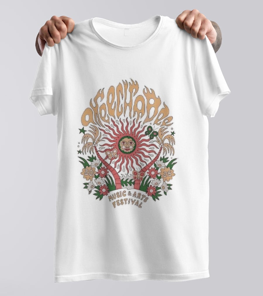 Okeechobee Music And Arts Festival 2026 Sun Illustration With Palm Trees And Floral Accents T-Shirt