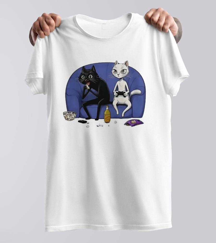 Two Cats One Couch Endless Fun Playing Games With Snacks And Popcorn T-Shirt