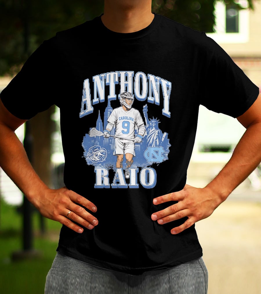 Anthony Raio Carolina 9 Lacrosse UNC Skyline Statue NYC T-Shirt