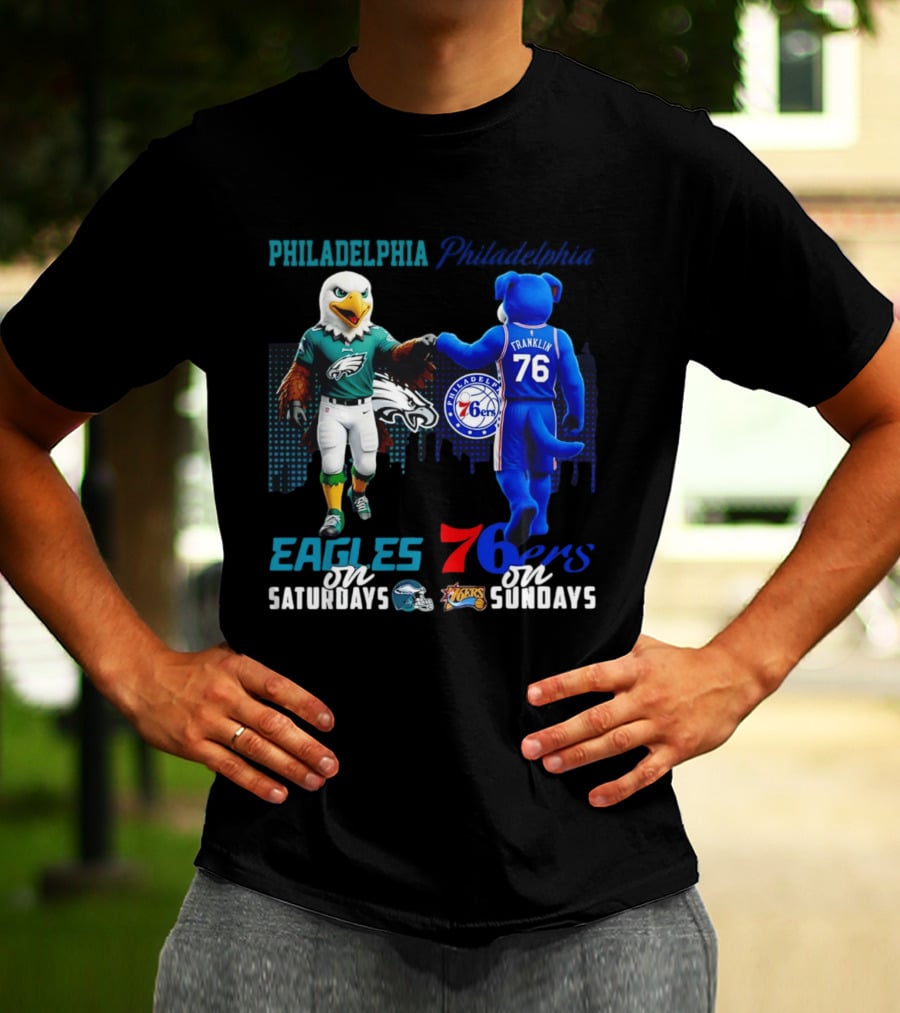 Philadelphia Eagles Vs 76ers Franklin Mascots Saturdays Sundays City Skyline T-Shirt