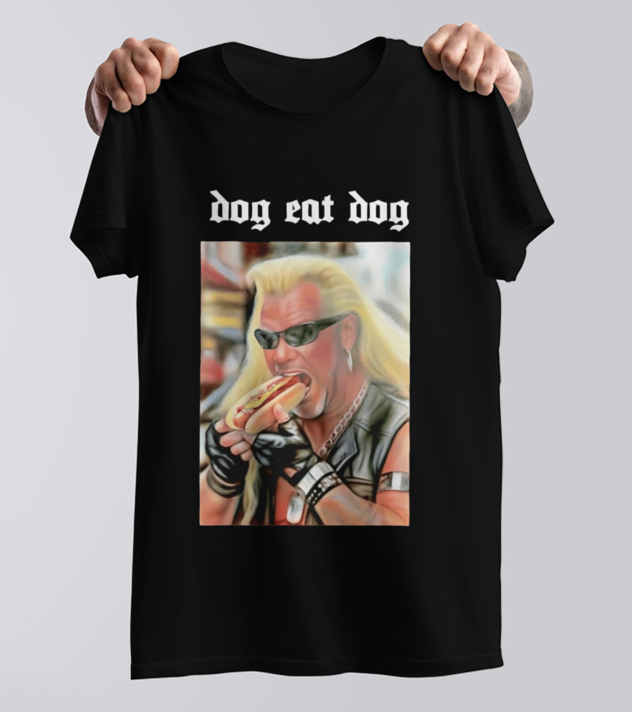 Dog Eat Dog Man Eating Hot Dog Sunglasses Blonde Long Hair T-Shirt