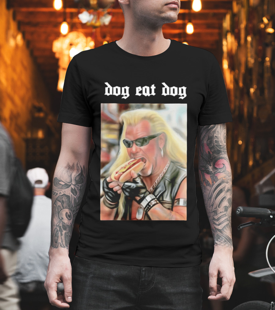Dog Eat Dog Man Eating Hot Dog Sunglasses Blonde Long Hair T-Shirt