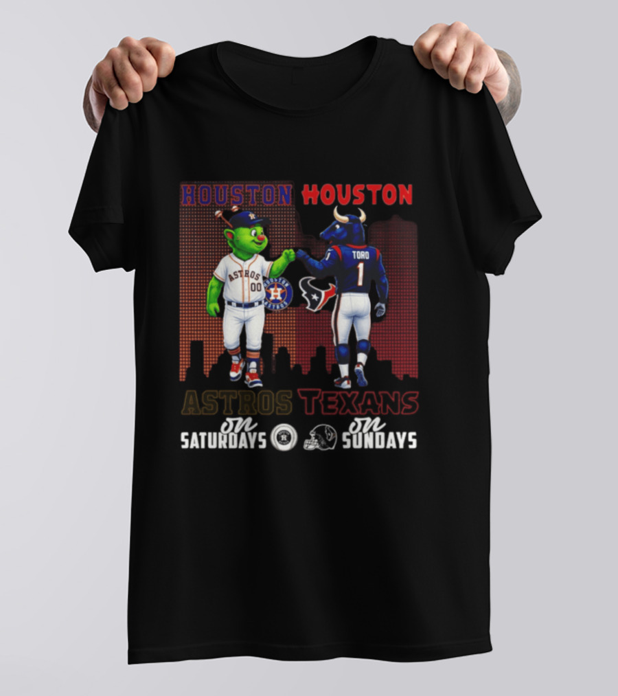 Houston Astros Orbit And Houston Texans Toro Skyline Saturdays Vs Sundays T-Shirt