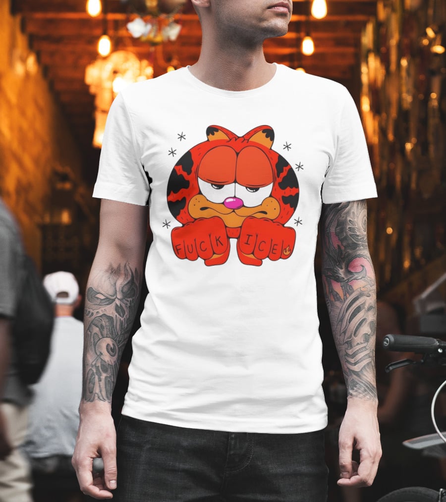 Orange Cat Garfield Meme Fuck Ice Hand Tattoos T-Shirt