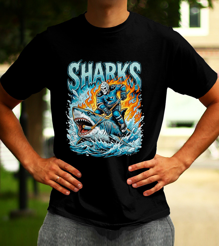 San Jose Sharks Hockey Player Riding Shark With Flames And Ice T-Shirt