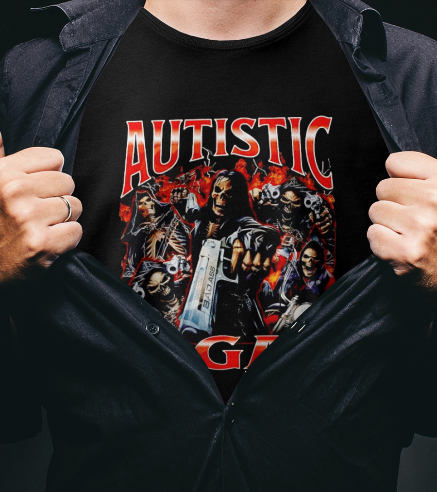 Autistic And Gay Skeletons Holding Weapons With Fire T-Shirt