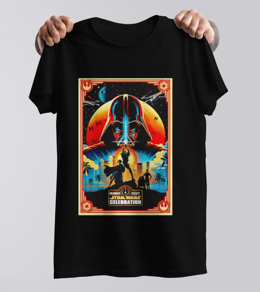 Star Wars Celebration Los Angeles 2027 50th Anniversary Darth Vader Millennium Falcon TIE Fighters X Wings T-Shirt