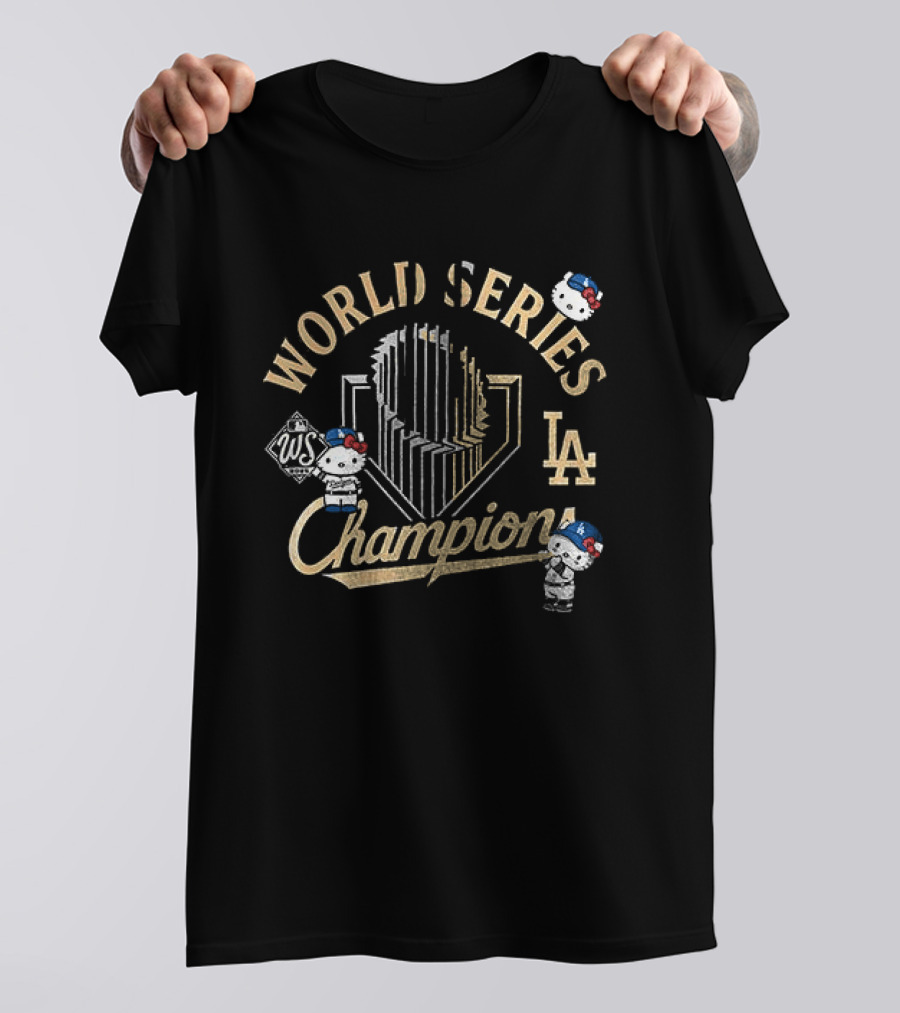 Los Angeles Dodgers World Series Champions Yoshinobu Yamamoto X Hello Kitty Golden Trophy T-Shirt