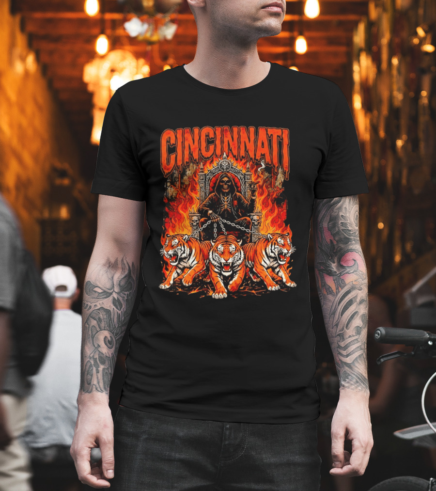 Cincinnati Skull Tiger Throne Fire Chains T-Shirt