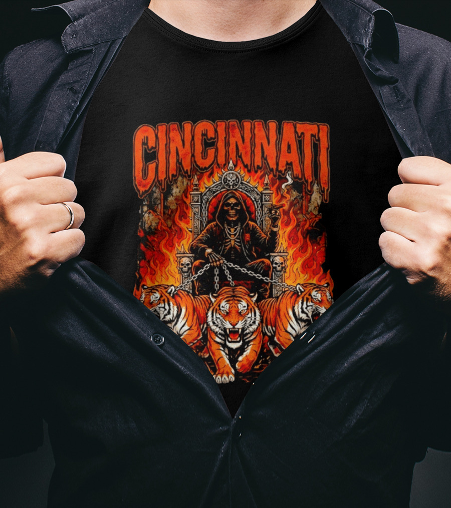 Cincinnati Skull Tiger Throne Fire Chains T-Shirt