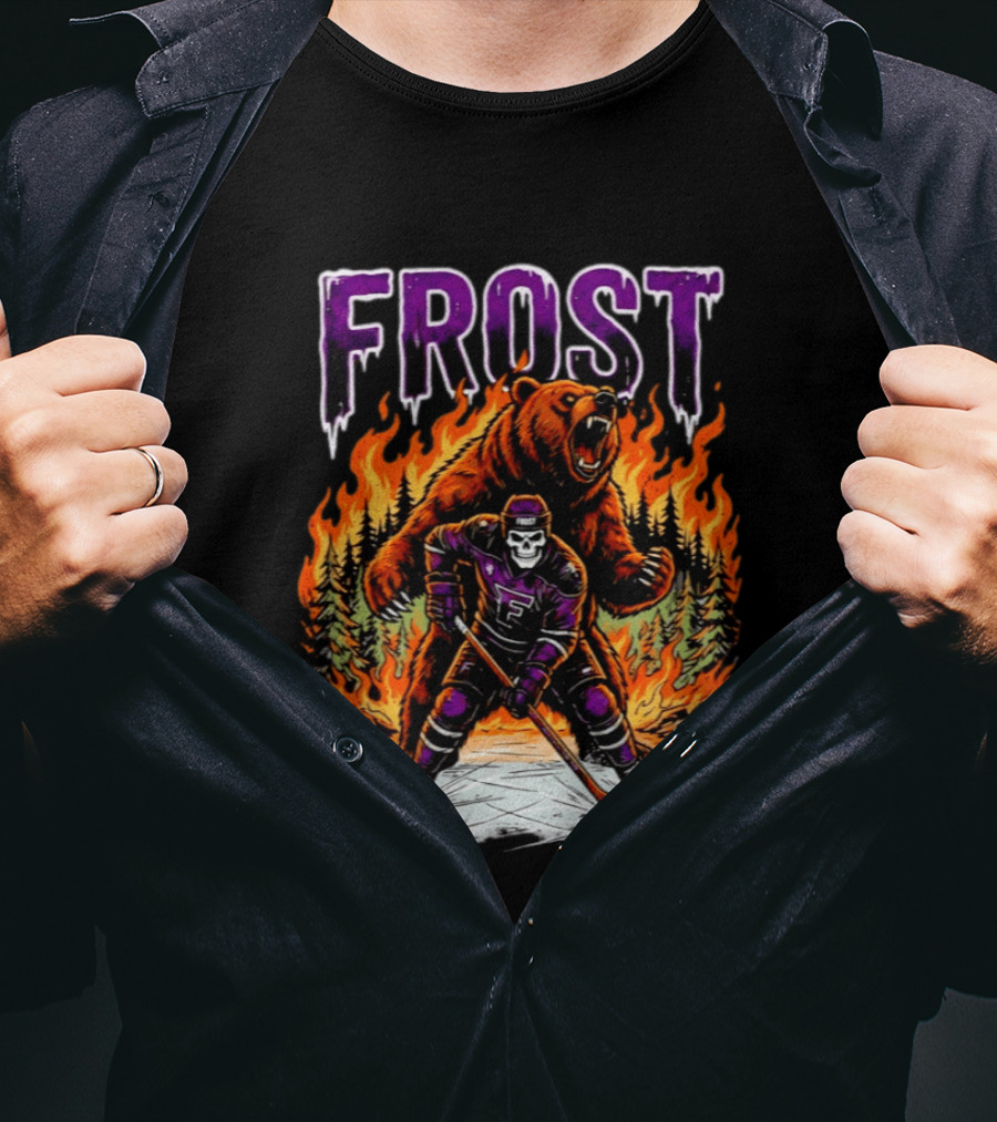 Frost Minnesota Hockey Skull Bear Flames Ice Rink T-Shirt