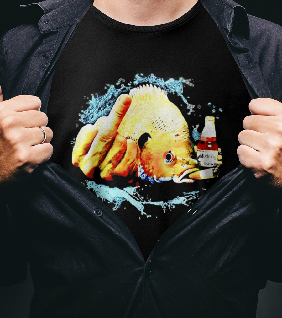 Modelo Beer Fish Smoking Cigarette Middle Finger T-Shirt
