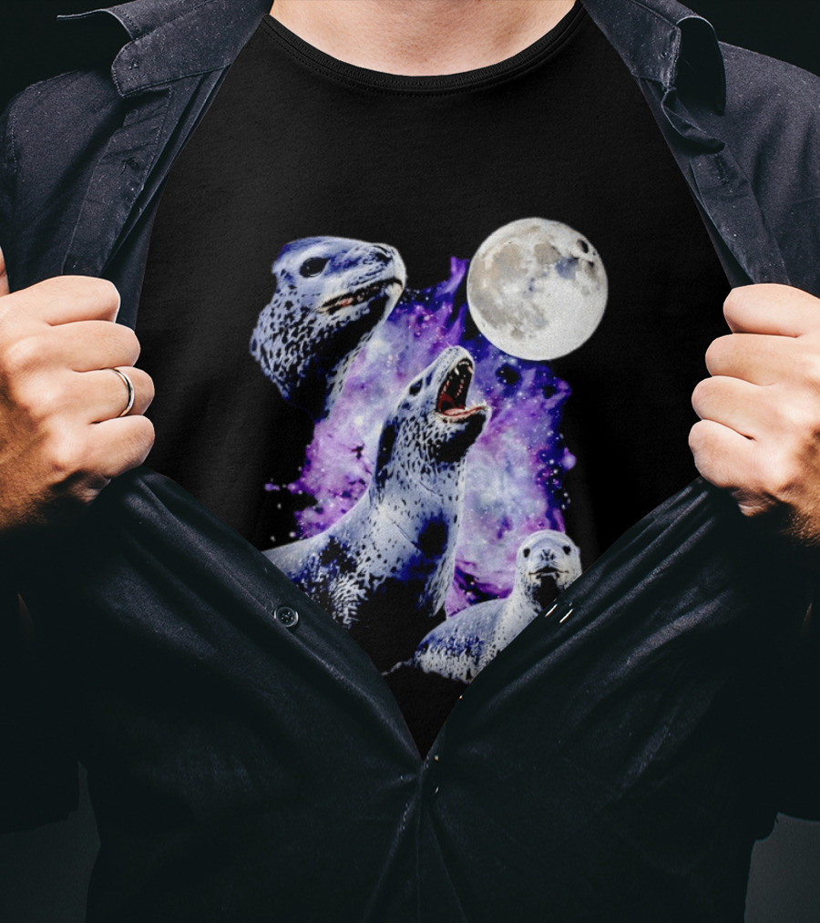 Three Leopard Seals Under Moonlight With Starry Purple Night Sky T-Shirt