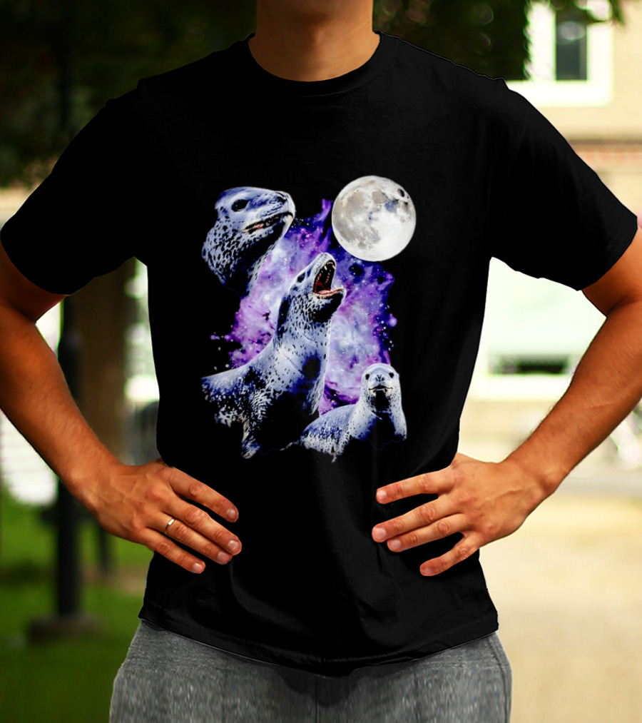 Three Leopard Seals Under Moonlight With Starry Purple Night Sky T-Shirt