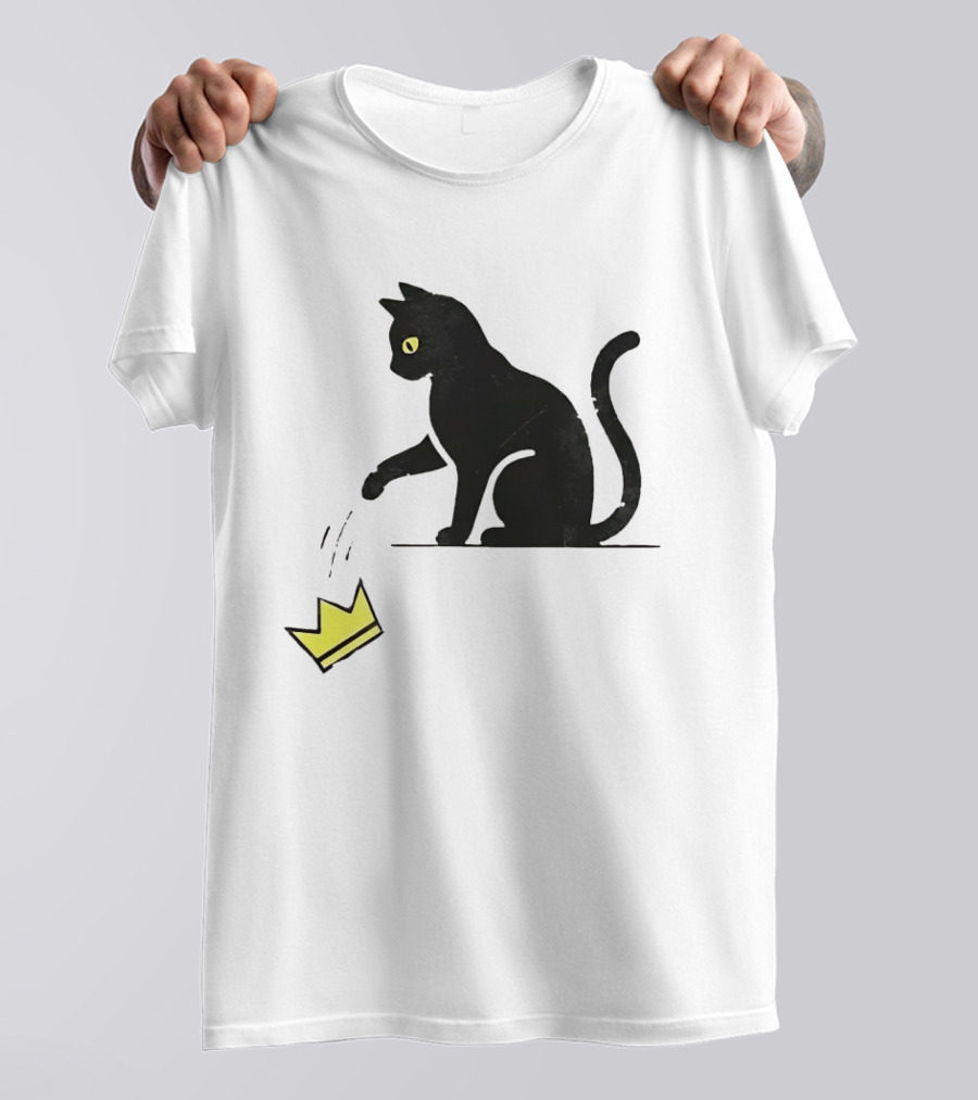 Cat Knocking Crown Anti King Humor Black Cat Yellow Eyes T-Shirt