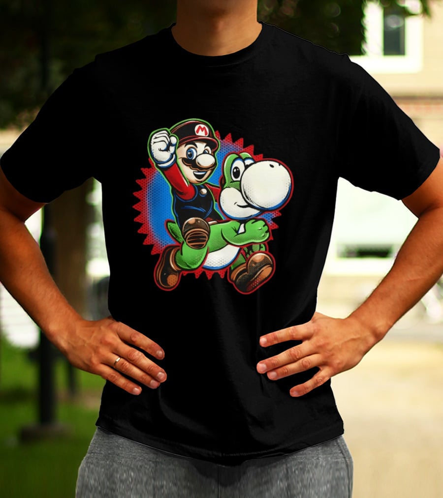 Mario And Yoshi Ride The Green Dino Classic Cartoon Adventure T-Shirt