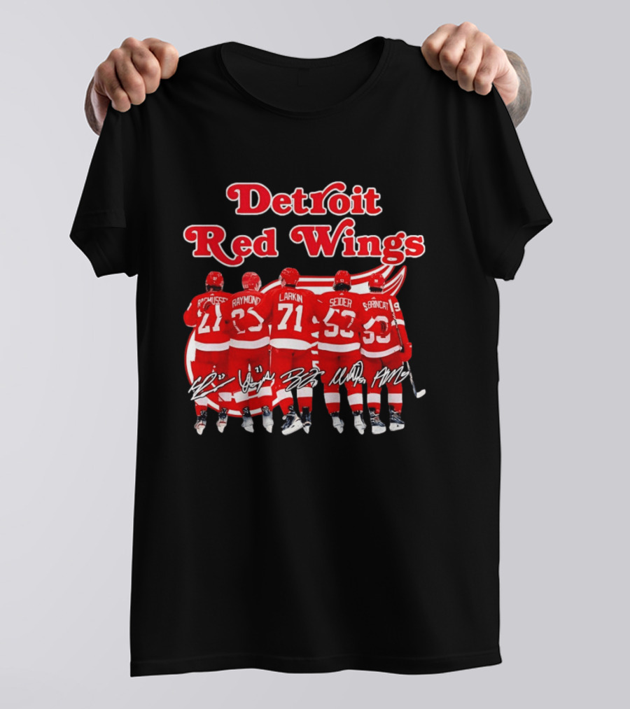 Detroit Red Wings Players Rasmussen Raymond Larkin Seider Branncat Celebrating Victory NHL 2026 Signatures T-Shirt