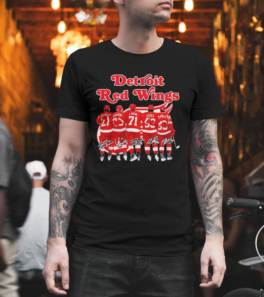 Detroit Red Wings Players Rasmussen Raymond Larkin Seider Branncat Celebrating Victory NHL 2026 Signatures T-Shirt