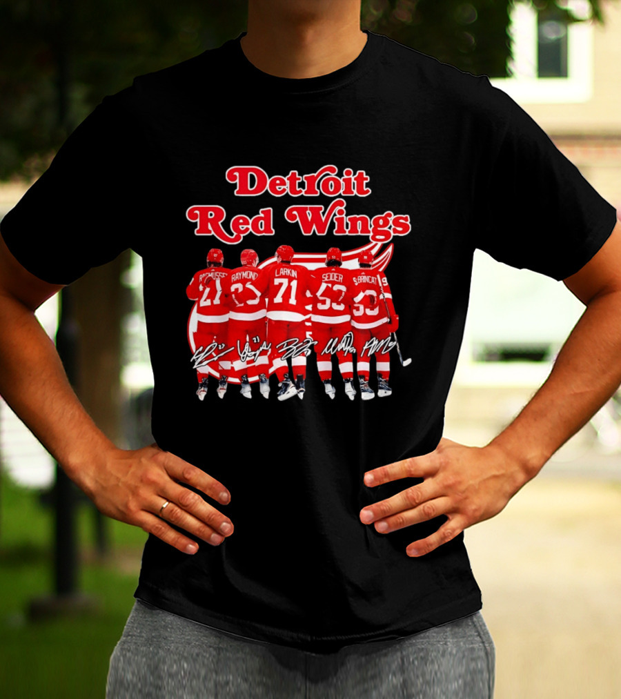 Detroit Red Wings Players Rasmussen Raymond Larkin Seider Branncat Celebrating Victory NHL 2026 Signatures T-Shirt