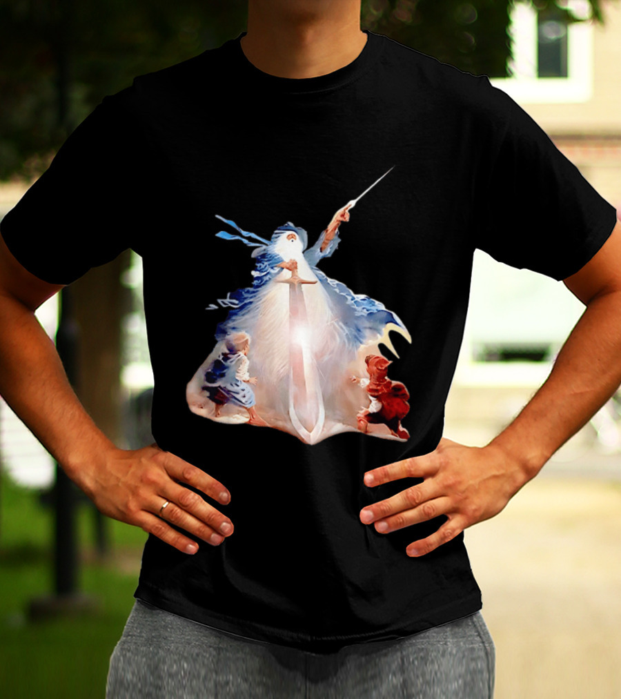 The Lord Of The Rings Gandalf And Hobbits Magic Sword Fantasy Scene T-Shirt
