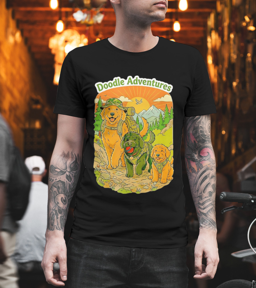 Doodle Adventures Three Dogs Picnic Adventure Sunset T-Shirt