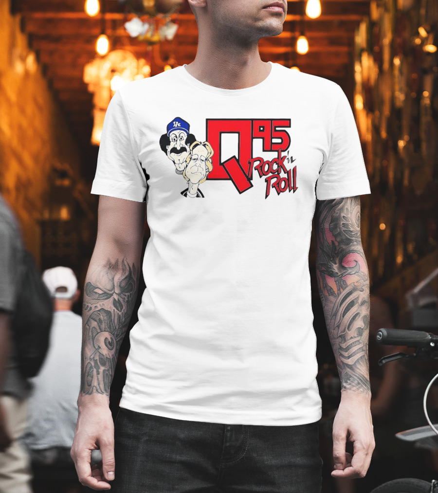 Q95 Rock 'n Roll Characters Wearing LA Dodgers Hat T-Shirt