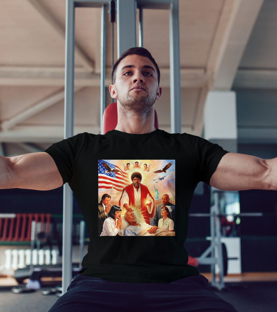 Samuel L. Jackson Exorcism Scene With Bruce Willis And US Patriotic Elements Meme T-Shirt