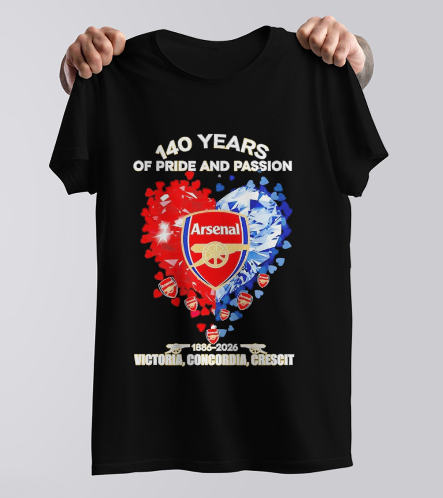 Arsenal 140 Years Of Pride And Passion Victoria Concordia Crescit 1886 2026 Heart Badge Crest T-Shirt